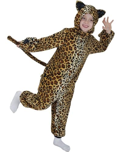 Wizland Flannel Cheetah Costume Kids Fun Onesie Leopard Costume Girls Onepiece Cat Coustume with Detachable Tail for Thanksgiving Halloween 46