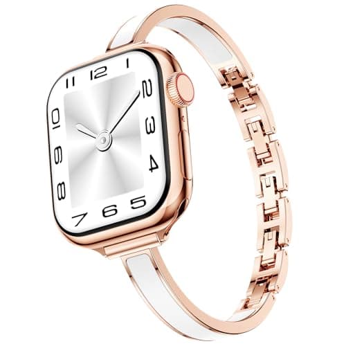 Mosonio Slim Bracelet Bands for Apple Watch Women, Elegant Thin Band Strap with Easy-Adjust Link Clasps for iWatch, Compatible with Apple Watch Series 11/10 (42mm), Series 9/8/7 (41mm), Series 6/5/4/SE (40mm), Series 3/2/1 (38mm) - Rose Gold + White