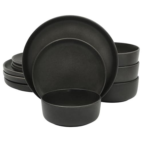 Gibson Elite Pasco 12 Piece (Service for 4) Plates and Bowls Reactive Glaze Dishes Stoneware Ceramic Dinnerware Set - Black