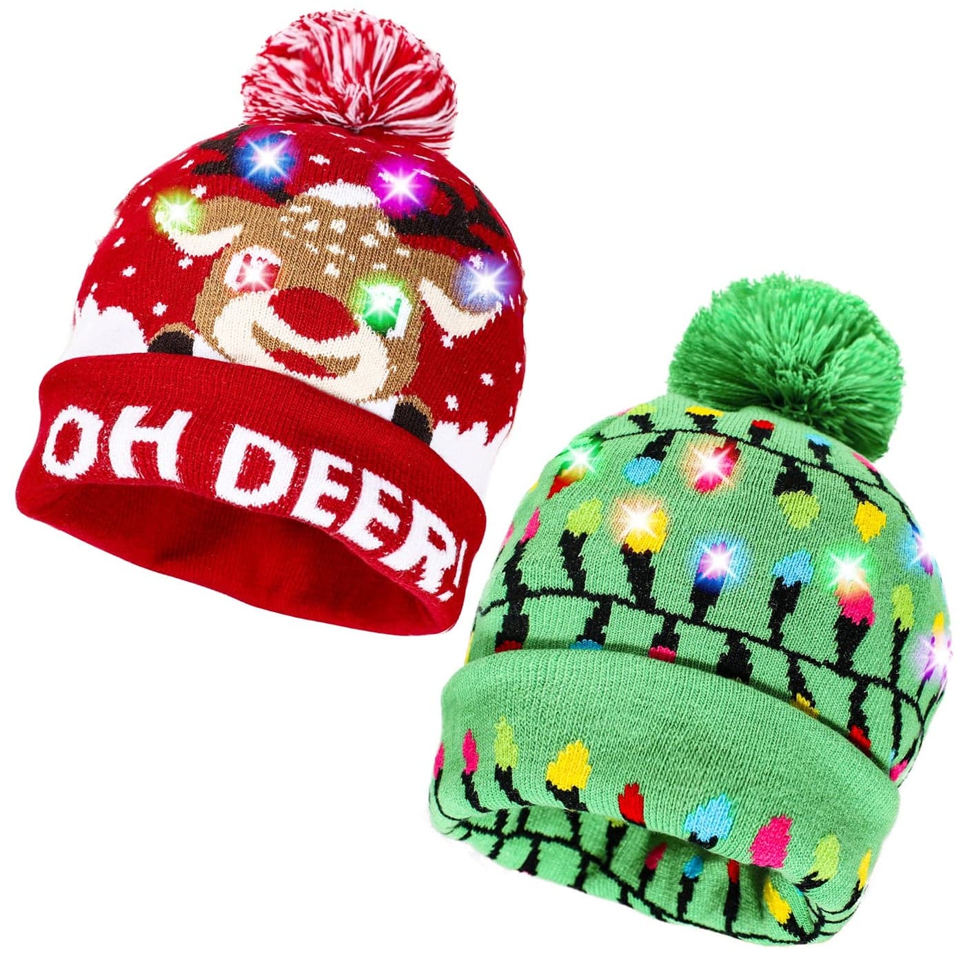 2 Pack Knitted Hat with 2 Flashing Modes for Holiday Xmas Christmas One Size Fits More