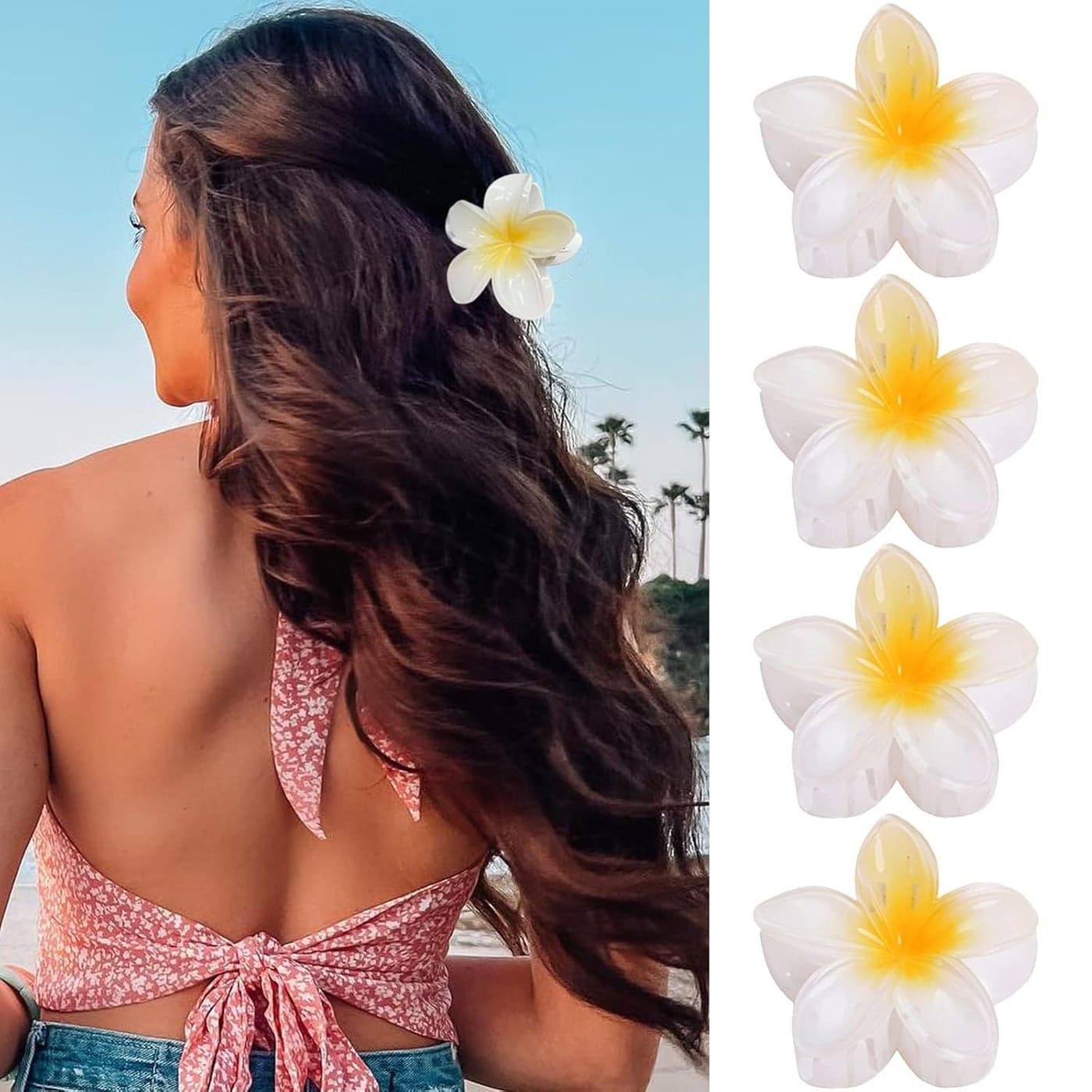 Hair Clip 4 Count White Flower Claw Clips for ThickThin Hair Strong Hold Nonslip Hair Clips Tropical Hair Accessories for Women Girls Hawaiian Holiday Gifts