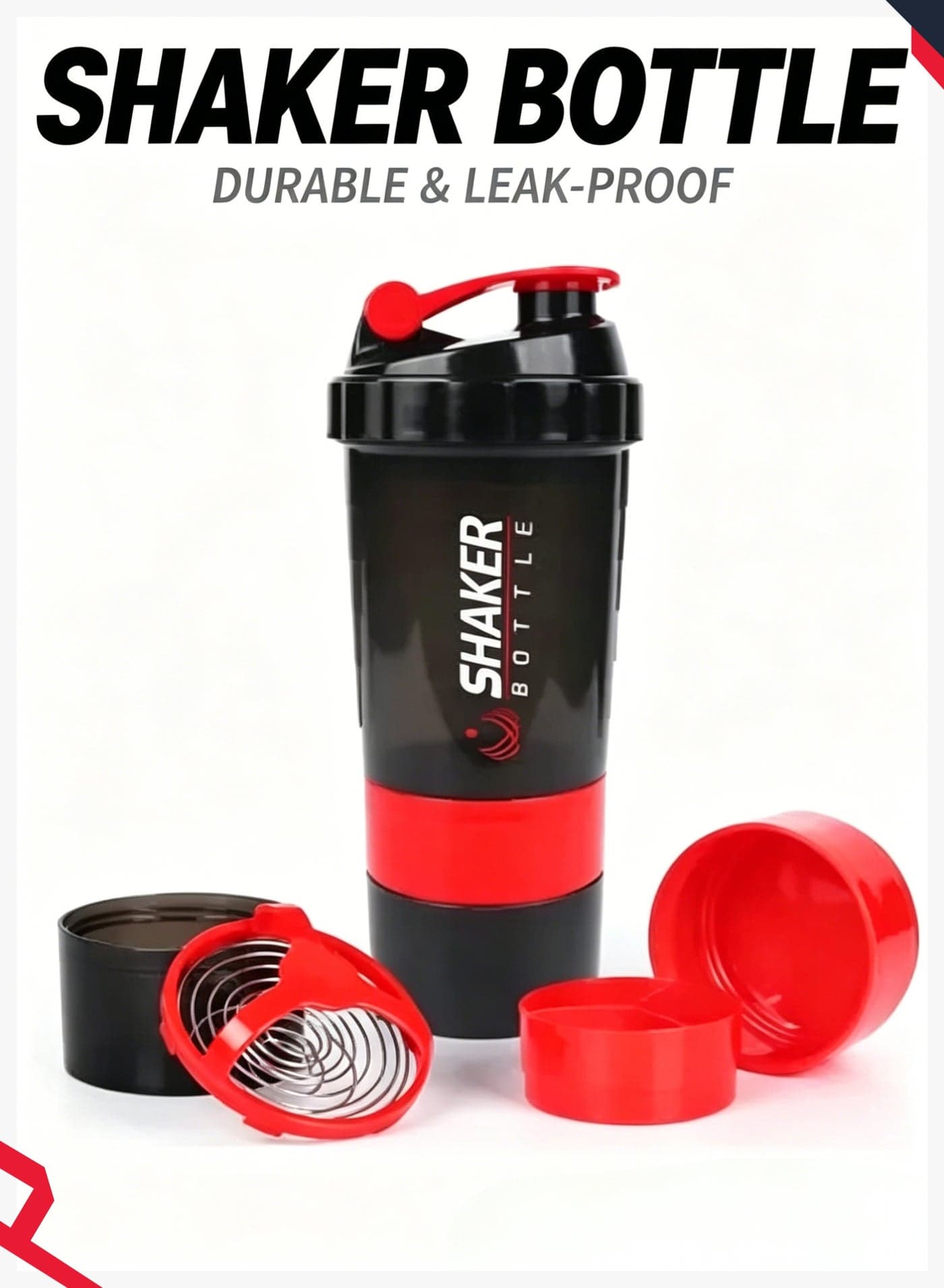 BPA Free Multifunctional Water Bottle, 3 in 1 Leak Proof Protein Shaker Bottles For Protein Mixes, Spider Blender Bottle With Stainless Steel Ball, 2 Twist On Cups For Protein Organizer Gym Bottle, 500ML