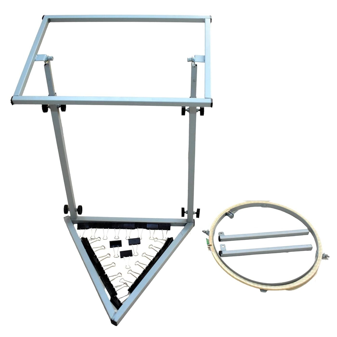Prabhas Designs Two in One Height Adjustable Box Aari Stand and 18 inch Circle aari Stand Combination 24 Clips 18 inch Hoop Wooden Frame