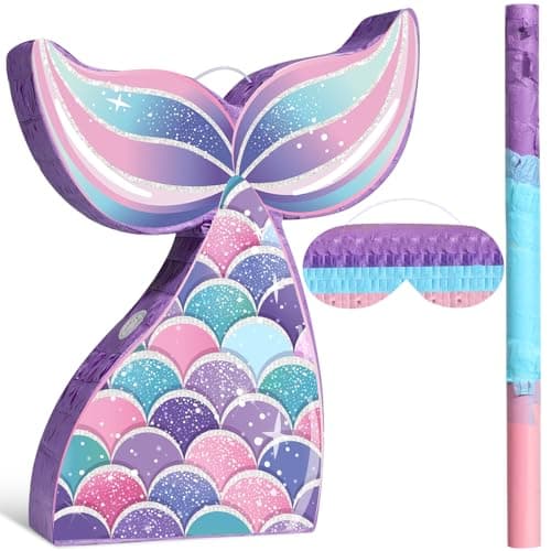 Faccito Mermaid Tail Piata Ocean Supplies Pull String Seashell Fish Piata with Blindfold and Bat for Girls Under The Sea Theme Birthday Party Carnival Activity DecorationsMermaid