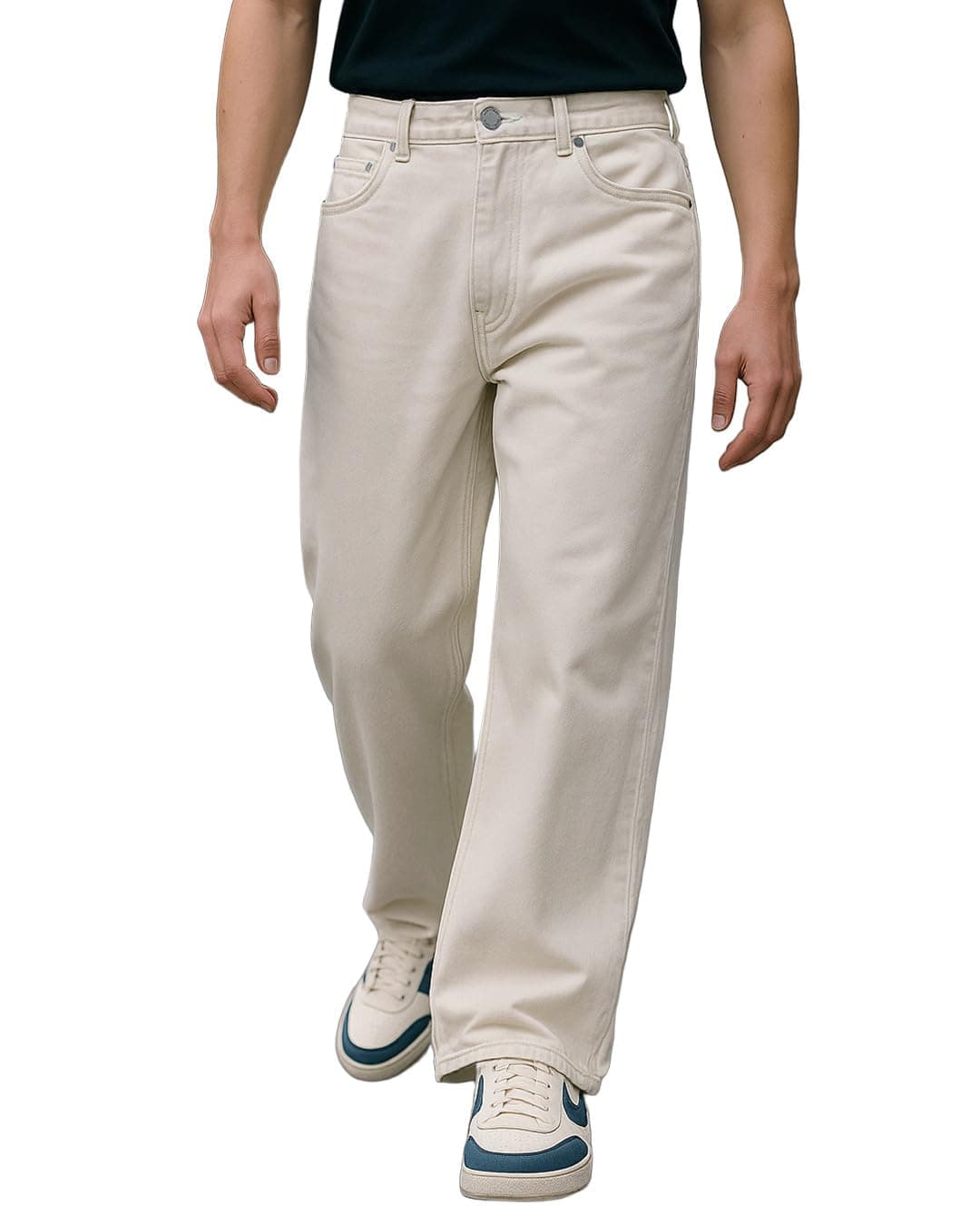 Bewakoof Men's Solid Wide Leg Cotton High Rise Jeans_624676_Beige_32