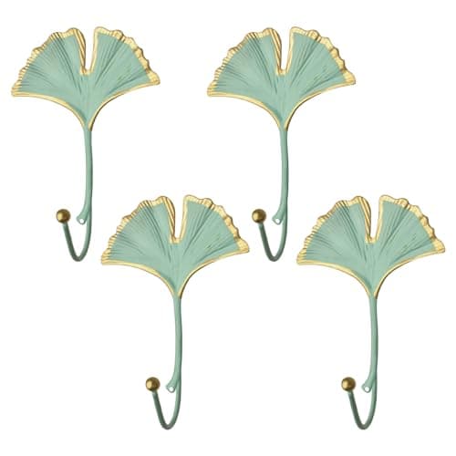 MOROBOR Decorative Leaves Iron Hooks 4pcs Ginkgo Leaf Shape Wall Mounted Hooks Modern Key Holder Wall Mounted Green Single Prong Hat Hanger for Hallways Living Room Home Office Decoration14cm