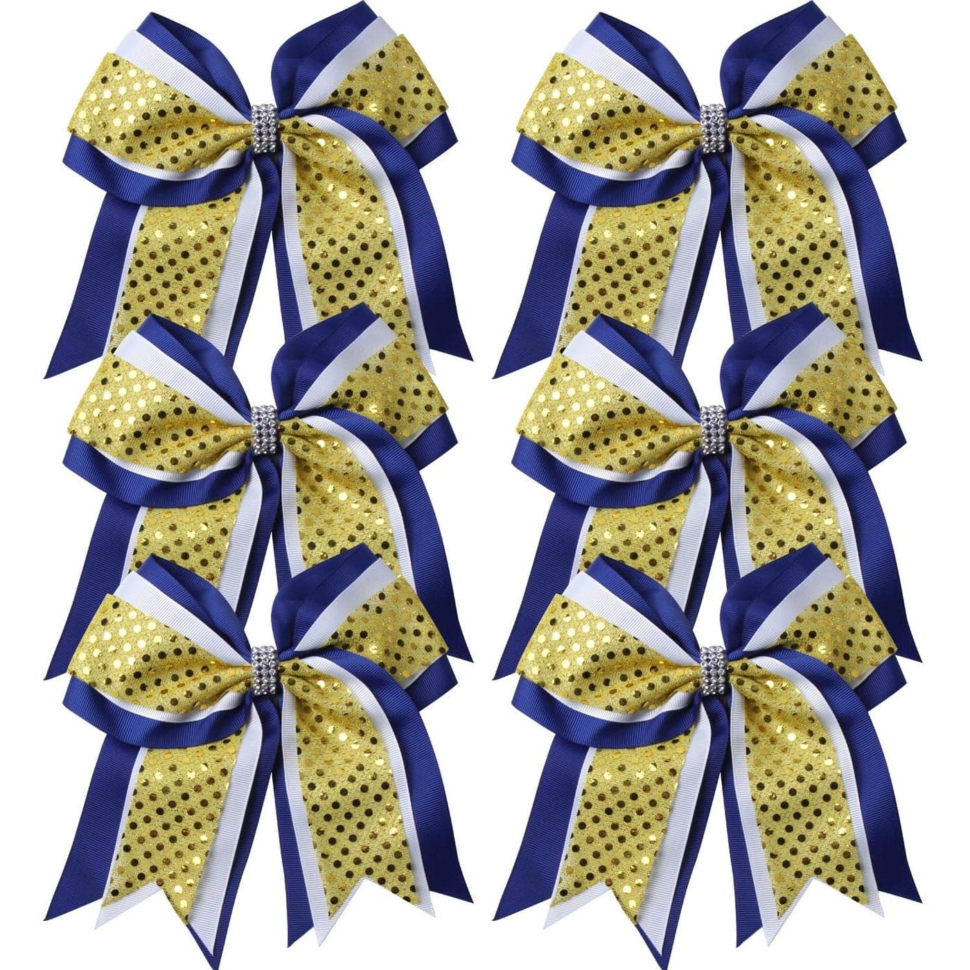 Cheerleader Bows 8 Inch 3 Layers 6 Pcs Ponytail Holder Jumbo Cheerleading Bows Hair Elastic Hair Tie for High School College Royal BlueWhiteYellow