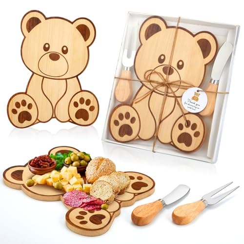 Ziliny 1 Set Baby Shower Prizes Bear Shaped Cheese Board with Cheese Knives and Forks Baby Shower Party Favors Gift Box for Wedding Bridal Birthday Gender Reveal Favor (Bamboo Color)