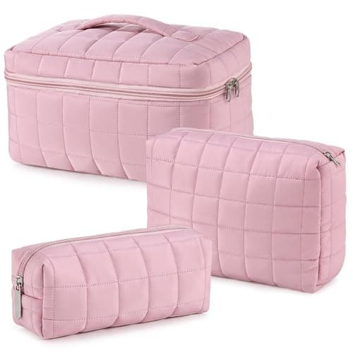 Huhumy 3 Pcs Large Puffy Makeup Bag Set Quilted Cosmetic Pouch for Women Cute Checkered Travel Toiletry Bag Puffer Makeup Organizer Purse Pouch Preppy Pencil Case with Zipper Valentine GiftPink