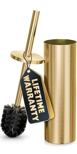 Gold Toilet Brush and Holder Set - Brushed Stainless Steel Gold Toilet Bowl Brush and Holder with Replacable Head, Removable Inner Bowl, and Splash Protection - Dense Bristles for Through Cleaning