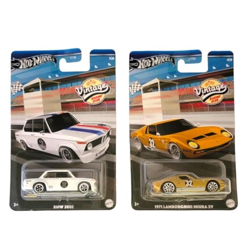 Hot Wheels 2024 Vintage Racing Club Bundle of 2 HRT81956A BMW 2002 Lamborghini Miura SV 164 DieCast Collector Cars Ages 3