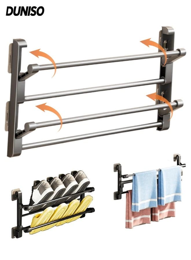 2-Tier Wall-Mounted Foldable Shoe Rack Space-Saving Plastic & Metal Multi-Use Towel Holder for Door & Bathroom (50cm)