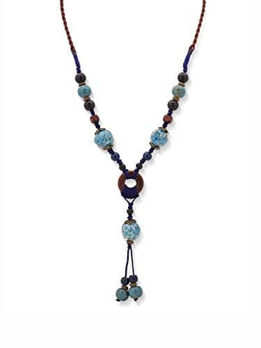 MINACHI Boho Hippie Blue Ceramic Beads Strand Wooden Ring Circle Necklace, Vintage Bohemian Statement Jewelry Gift for Women