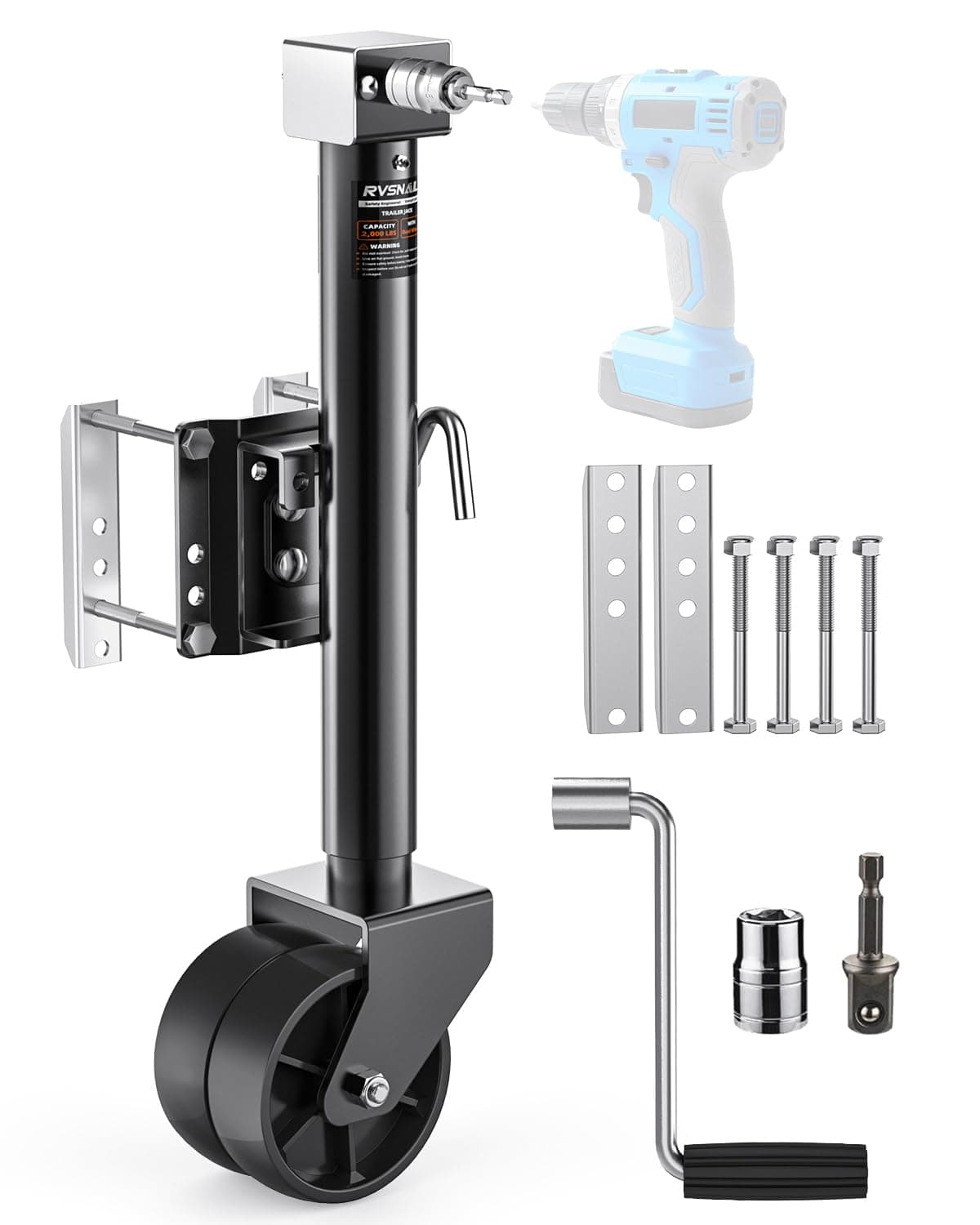 2000 lbs Trailer Jack with Dual Wheel Heavy Duty, 12" Lift, 20-24V Cordless Drill Compatible, for RV, Boat, Yacht & Utility Trailers, Black