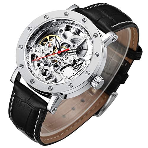 IK COLOURING Men's Watch, Mechanical Stainless Steel Skeleton Steampunk Design Automatic Self-Winding Silver Case Wrist Watch