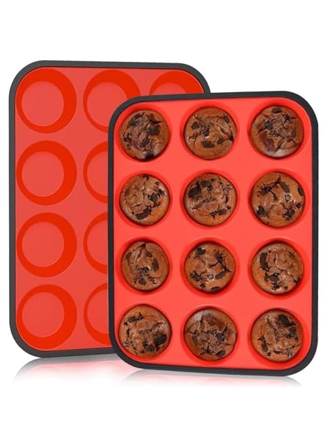 Muffin Pan, Silicone Cupcake Pan Metal Reinforced Frame 12 Cups Regular Silicone Muffin Tray Nonstick 2 Pack