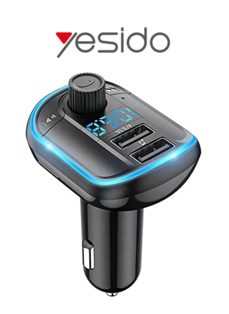 Yesido Y44 Bluetooth V5.0 FM Transmitter 3.1A Dual USB Car Charger RGB Backlit Light LED Digital Display Wireless Radio Adapter HiFi Music Play Car Kit with Mic Hands Free Calls