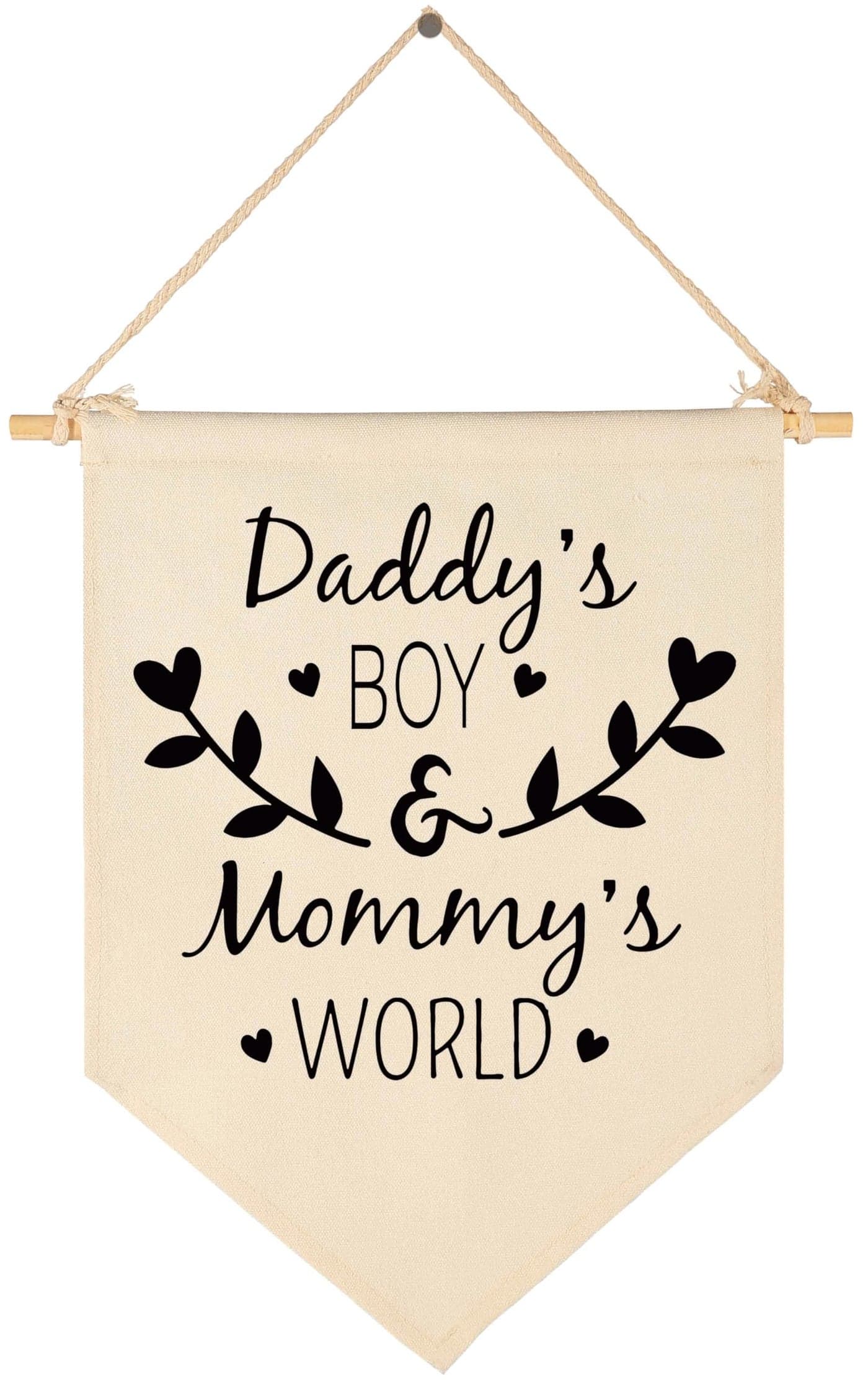 Daddys Boy and Mommys World Canvas Hanging Flag Banner Wall Sign Decor Gift for Baby Kids Nursery Teen Room Front DoorGift for Boy from Dad Mom