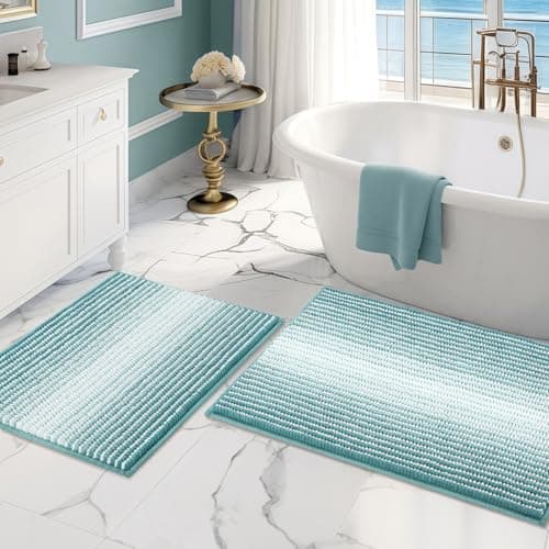 BSICPRO Bathroom Rugs and Mats Sets 2 Piece Thick Absorbent Chenille Bath Mat Rug Set Non Slip Soft Shaggy Bath Room Floor Mats for Bathroom Machine Washable Aqua Green 20 x 32 Plus 16 x 24