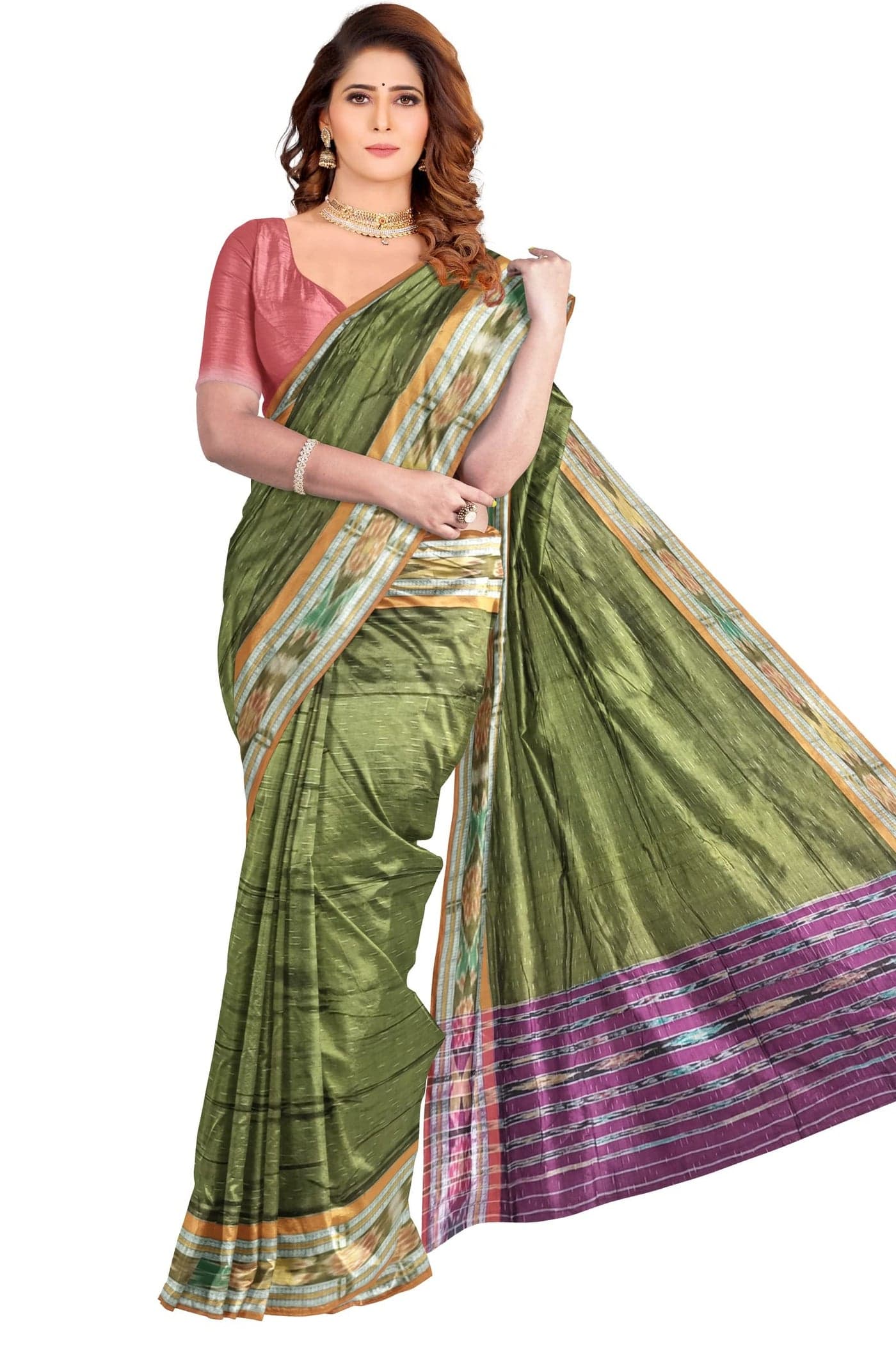 BTHIKIRI Odisha Sambalpuri Handloom Ikat Women's Cotton Saree, Odisha Handloom Handmade Pure Cotton Khandua Saree, Ikkat Orissa Traditional Handloom Saree Without Blouse (Mehendi Green, BTHI 29)
