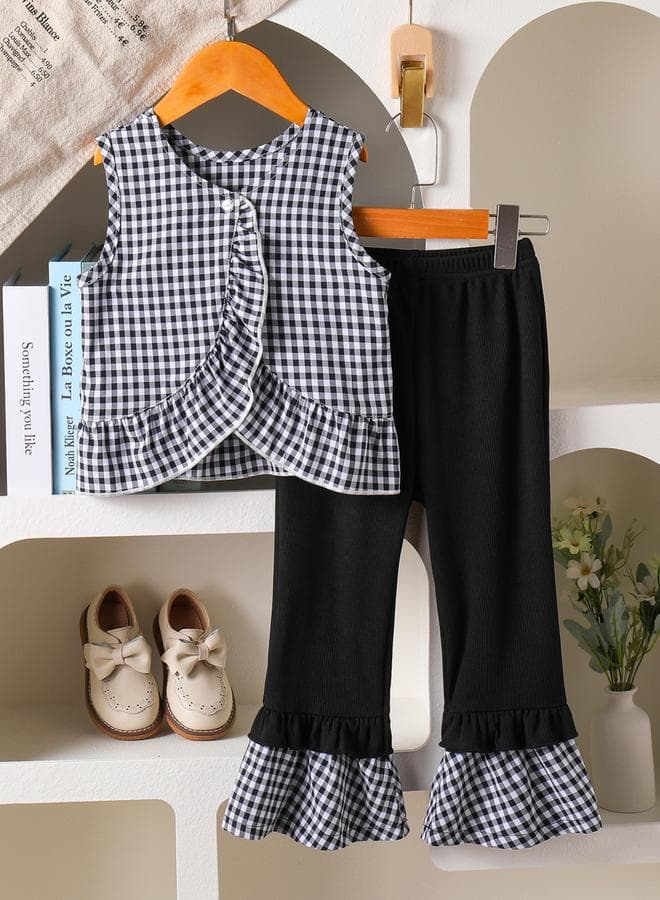 Girls Black Checkered Waistcoat And Pants Set