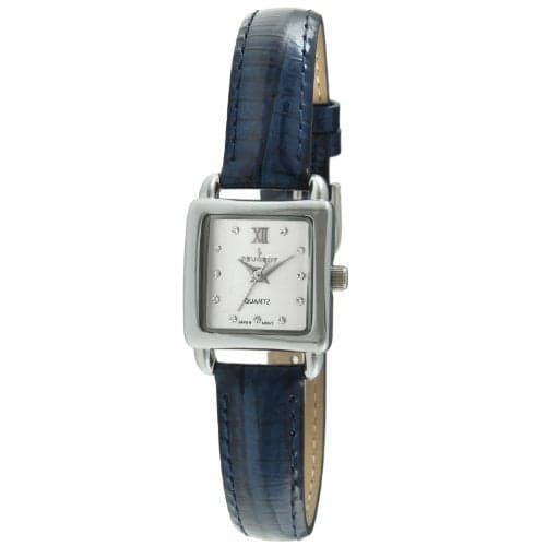 Peugeot 3034BL Ladies Mini Square Silvertone Crystal Silver Dial Blue Leather Watch