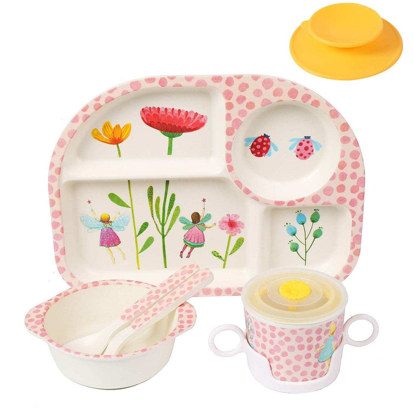 shopwithgreen 7PcsSet Bamboo Kids Dinnerware Set Children Dishes Food Plate Bowl Cup Spoon Fork Set Dishware Cartoon Tableware Dishwasher Safe Kids Healthy Mealtime BPA Free