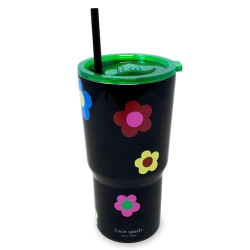 kate spade new york 20 Ounce Insulated Tumbler for Cold and Hot Drinks with Reusable Straw, Stainless Steel Travel Cup with Slide Top Lid (Gingham Garden)
