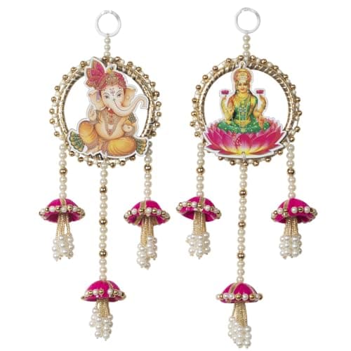 Kaameri Bazaar Lakshmi Ganesh Handcrafted MDF-Based Door Hanging Jhumki Set for Diwali | Pooja or Temple Room Decoration