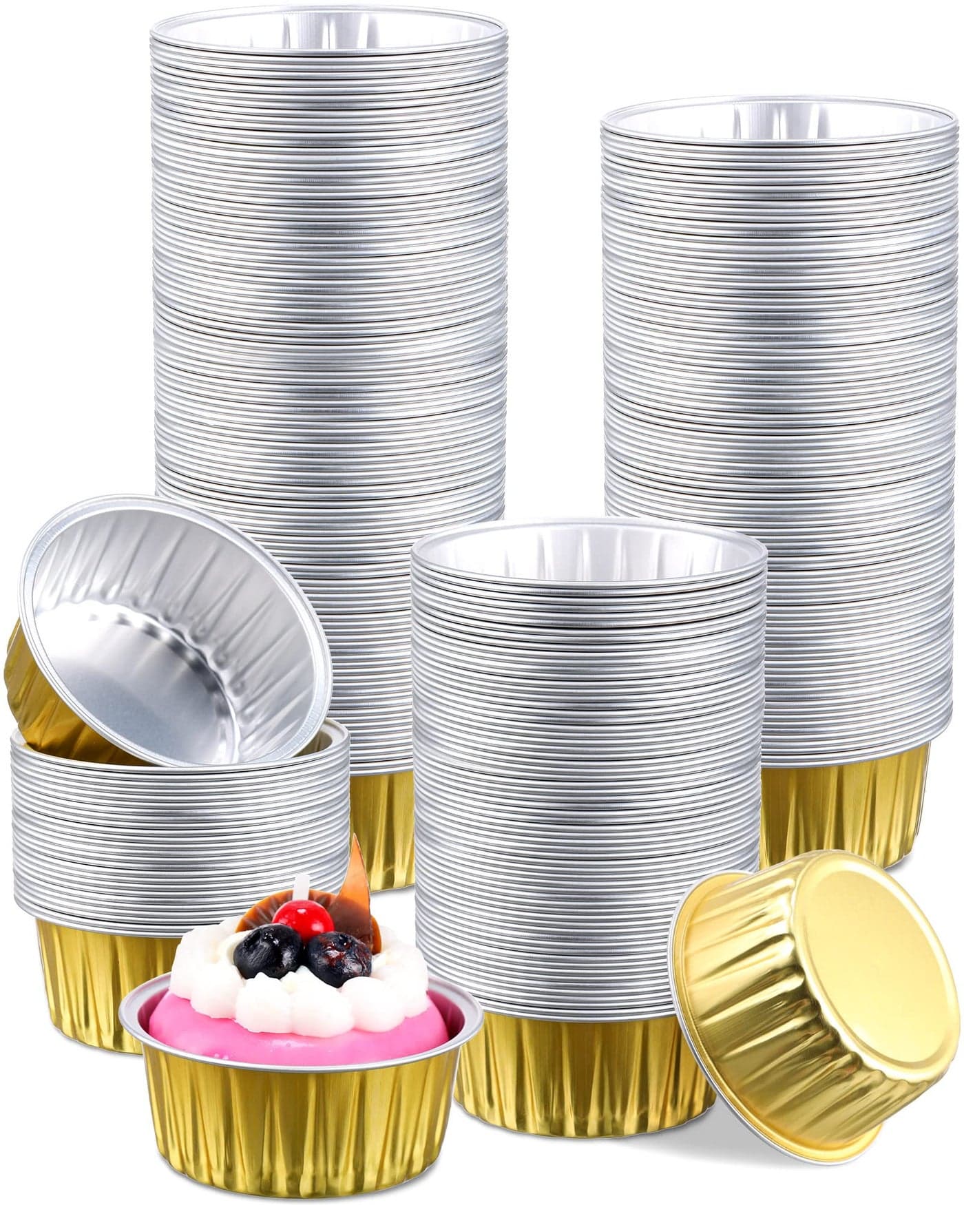 150 Pcs Patelai Aluminum Foil Cups 42 oz Mini Baking Cups Gold Cupcake Liners Disposable Ramekins Foil Muffin Pans for Pie Souffle Pudding Holder Wedding Birthday Party Round
