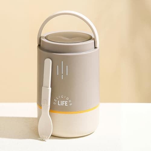 daiDokoro Insulated Stainless Steel Lunch Box with Spoon | 3-Tier Stackable Hot & Cold Leak-Proof Food Container | Portable Tiffin for Office, School & Travel (Vanilla Grey, 900ml)
