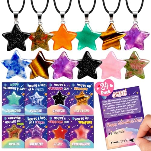 24 Pack Star Necklace Set Valentines Day Cards for Kids School Valentine Cards for Kids Classroom for Boy Girl Party Favors natural stone necklace Crystal Gemstone Pendant Valentine Bulk Gifts