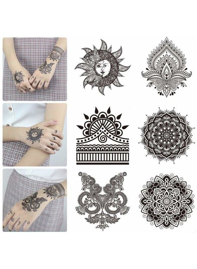 20 Sheets Black Mandala Temporary Tattoo, Rose Henna Flower Design Petal Leaf Sketch Words Fake Tattoo Sticker for Cool Women Lady Girls, Body Art on Back of hand Finger Arm Clavicle Waterproof