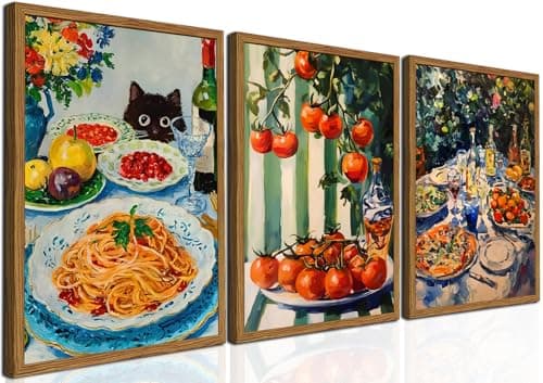 Framed Vintage Italian Kitchen Canvas Wall Art Set of 3, Funny Black Cat with Pasta Food Pictures Wall Decor, Rustic Tomato Paintings Prints Farmhouse Home Decor for Dining Room Restaurant 12X16in