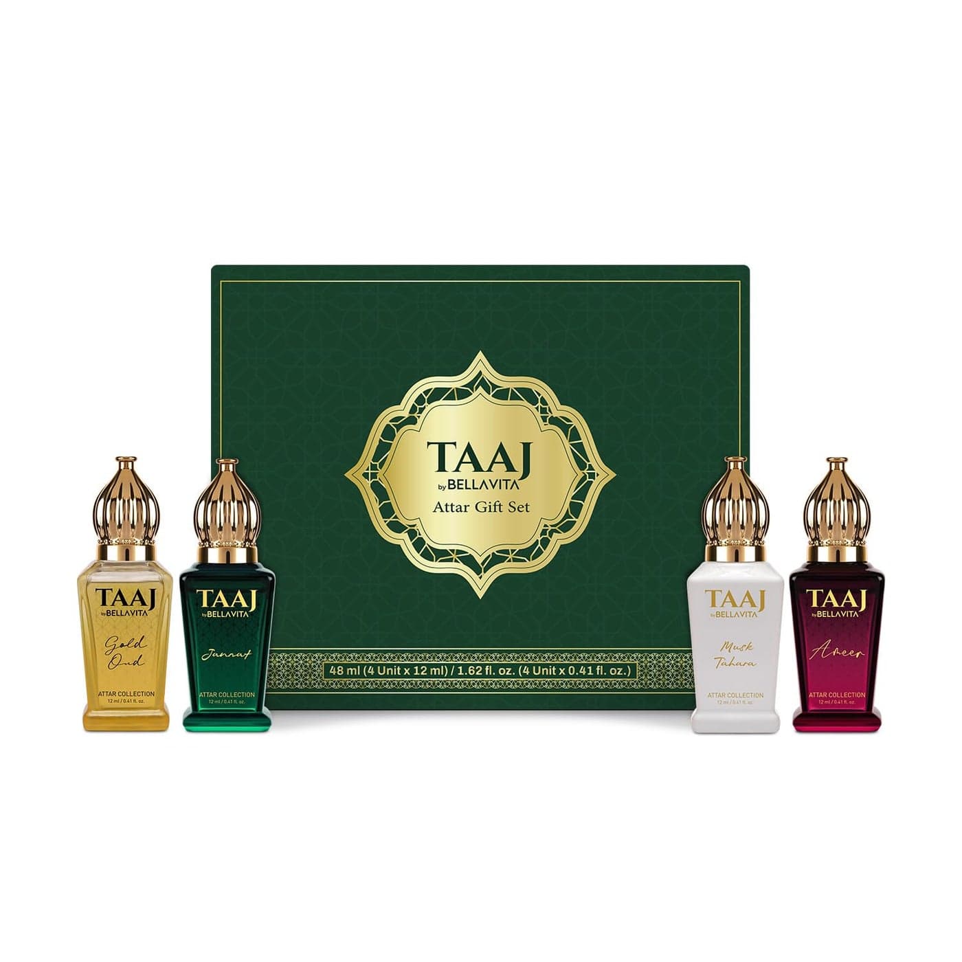 BELLAVITA Taaj Attar Long Lasting Unisex Gift Set for Man and Woman 4x12ml Caramel Lemon Cinnamon and Musk NonAlcoholic Roll On Oud Floral Musk Attar for Men and Women