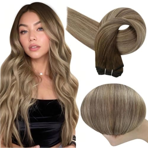 Full Shine Sew In Hair Extensions Real Human Hair Brown Ombre Light Brown Mix Blonde Weft Balayage Extensions Human Hair Full Head Sew In Bundle Human Hair 105G 20Inch