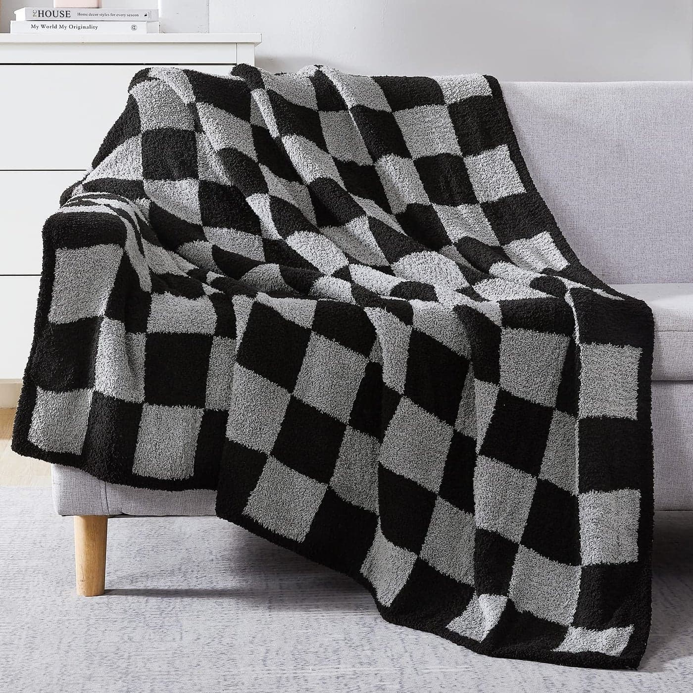 WRENSONGE Checkered Throw Blanket Black Grey Checkered Soft Cozy Fluffy Warm Hand Made Throw Blankets for Couch Sofa Chair Bed PicnicTravel Lightweight Bed Blankets for Men