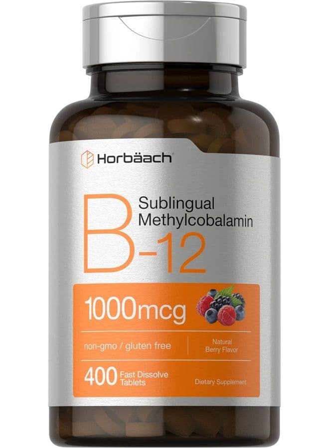 Vitamin B12 Sublingual 1000 mcg | 400 Fast Dissolve Tablets | Methylcobalamin Supplement for Adults | Natural Berry Flavor | Vegan, Vegetarian, Non-GMO, and Gluten Free | by Horbaach