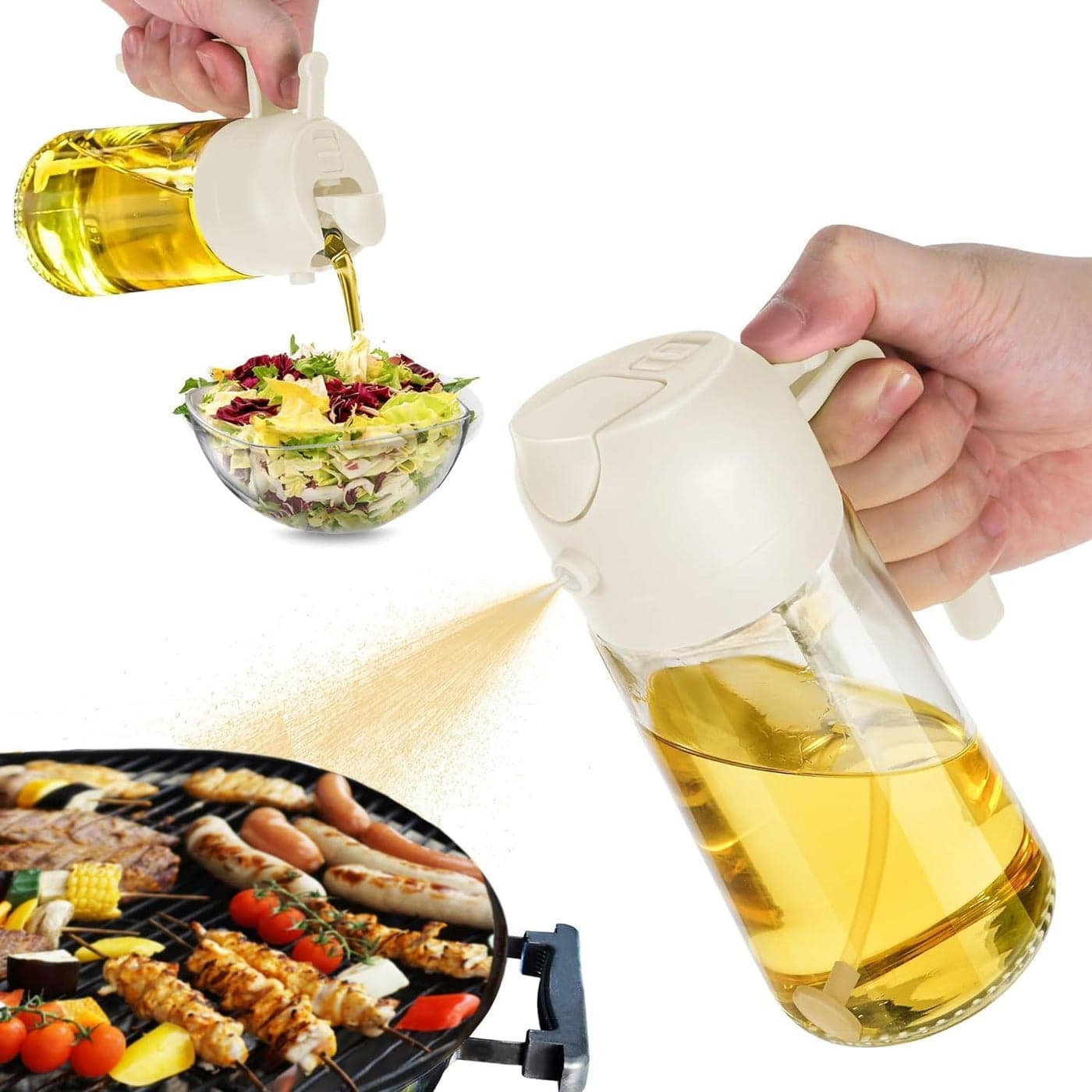 we3 Olive Oil Dispenser 2 In 1 Glass Oil Sprayer and Dispenser Oil Mister Spray Bottle For Cooking Air Fryer Frying BBQ 450 ml White