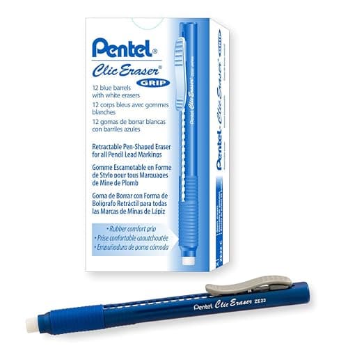 Pentel Clic Eraser Grip Retractable Eraser Blue Barrel Box of 12 ZE22C