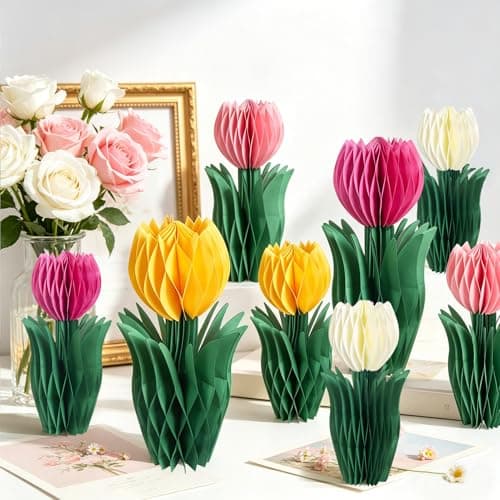 SUNBEAUTY 8 PCS Flower Honeycomb Decor Tulips Table Centerpieces Spring Decoration for Home Office Paper Flower Tulip Honeycomb Decor for Garden Party Mothers Day Decoration