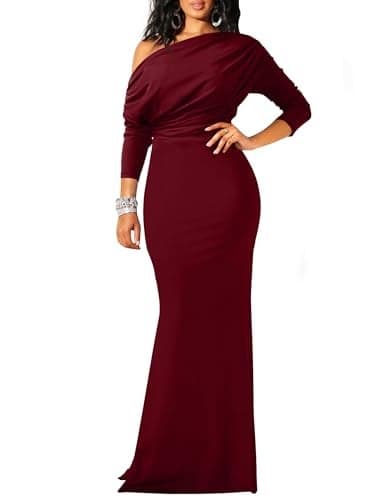 YMDUCH Women's Sexy Elegant Long Sleeve Off Shoulder Bodycon Long Evening Formal Dress WineRed