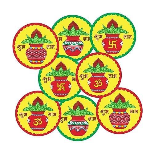 weRevel Shuba Labh Diwali Stickers with Decorative Kalash 40 Pieces 2 inches Round 4 Unique Designs Made of Sticker Paper