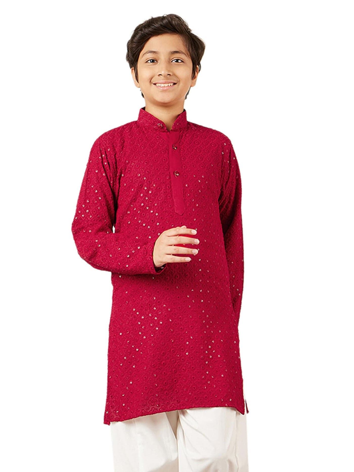 AJ DEZINES Kids Cotton Full Sleeve Sequined Red Kurta for Boys - Ethnic wear | Special Occasion & Party Outfit | Chikankari Kurta for Boys - Regular Fit