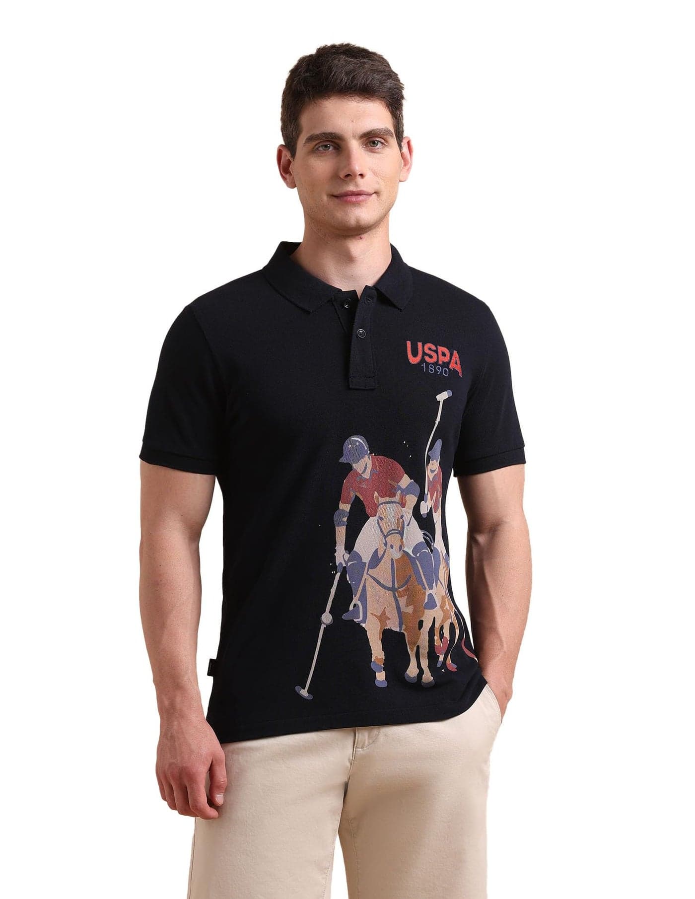 U.S. POLO ASSN. Printed Polo T Shirts for Men - 100% Cotton, Half Sleeve Mens Tshirt - M, Navy