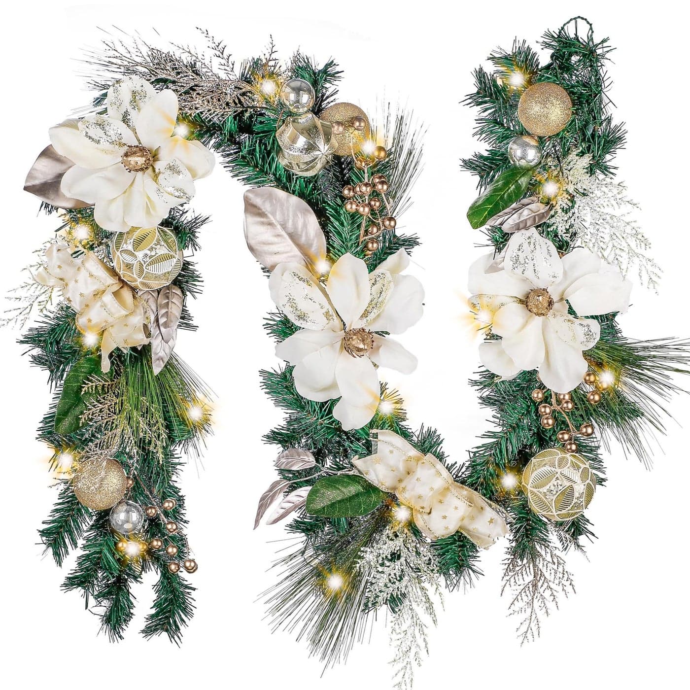 Valery Madelyn 6 Feet PreLit Christmas Garland with Lights for Mantle Lighted Outdoor Xmas Garland with White Gold Balls Magnolia for Home Stairs Fireplace Table Centerpiece Indoor Holiday Decor