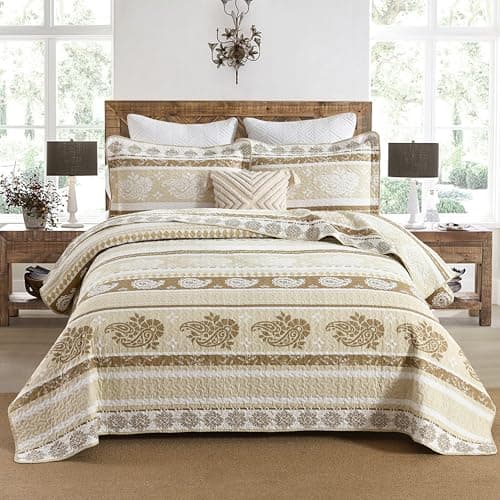 AJOCCI Brown Taupe Quilt, Paisley Comforter Set Queen 100% Cotton Bedding Comforter Sets,Striped Pattern Bed Set, Lightweight Reversible Bedspreads, Machine Washable Coverlet Neutral 3 Pieces