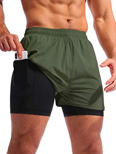 Pudolla Men’s 2 in 1 Running Shorts 5" Quick Dry Gym Athletic Workout Shorts for Men with Phone Pockets(Dark Green XX-Large)
