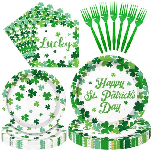 Herytem 100 Pieces St. Patrick’s Day Tableware Set – Shamrock Design Disposable Plates, Napkins, and Green Forks for Irish Party, Parade, Classroom Event, or Holiday Celebration, Serves 25 Guests