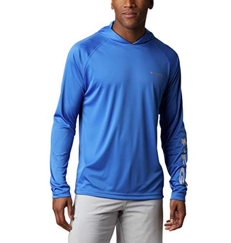 Columbia Mens PFG Terminal Tackle Long Sleeve Fishing Hoodie Vivid BlueCool Grey Logo XLarge